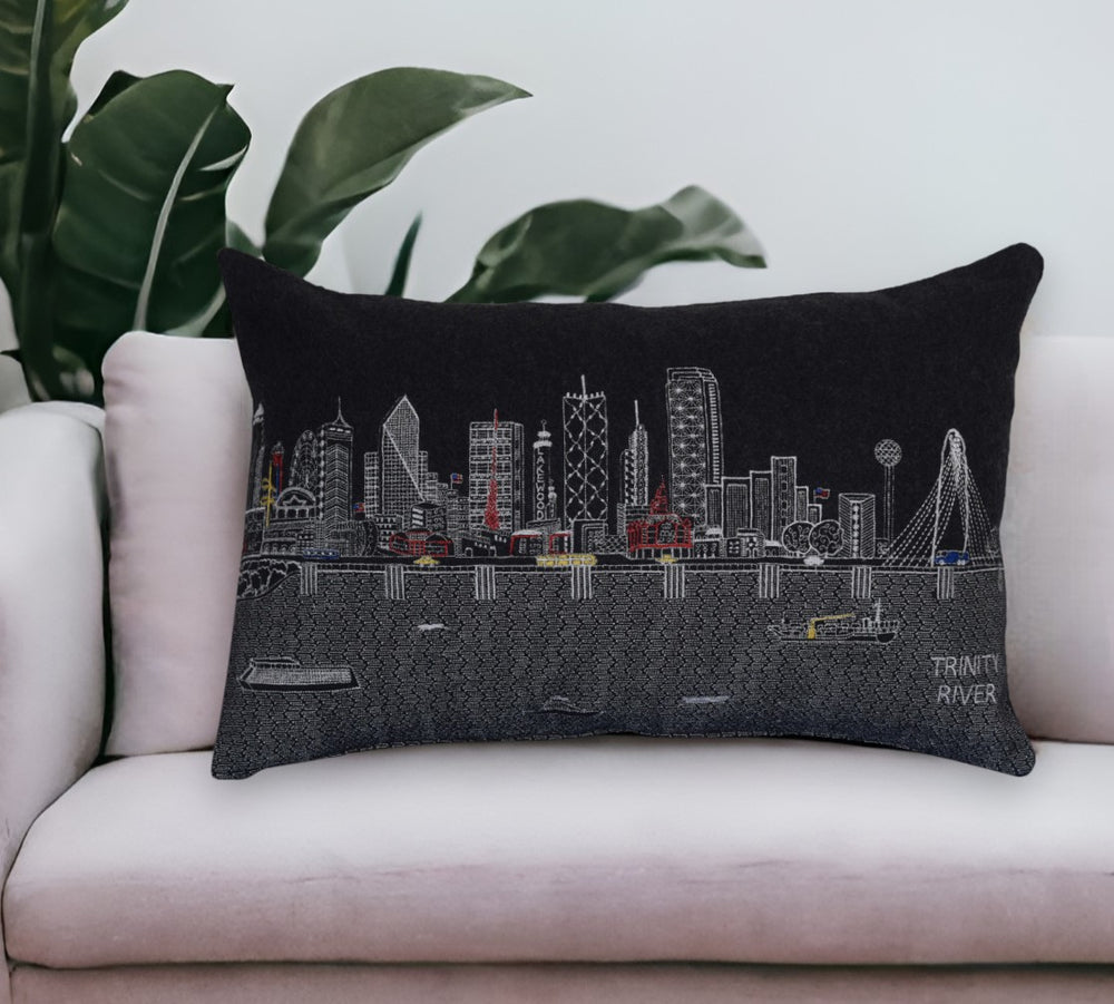 25" Black Dallas Nighttime Skyline Lumbar Decorative Pillow - Homeroots - Flyclothing LLC
