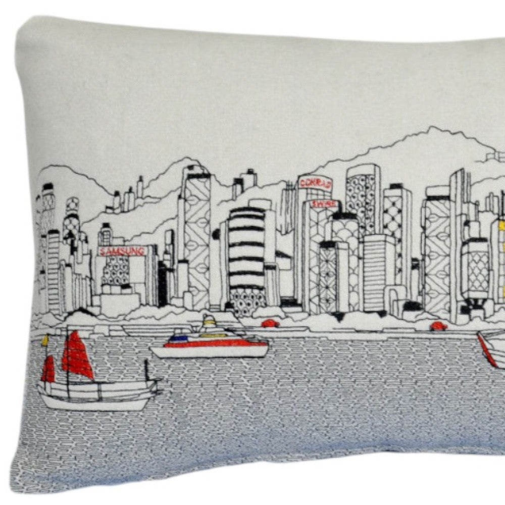 25" White Hong Kong Daylight Skyline Lumbar Decorative Pillow - Homeroots - Flyclothing LLC