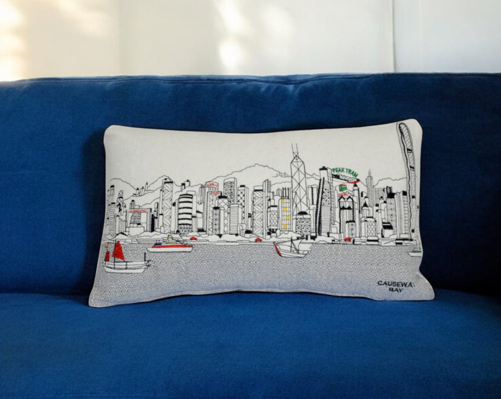 25" White Hong Kong Daylight Skyline Lumbar Decorative Pillow - Homeroots - Flyclothing LLC