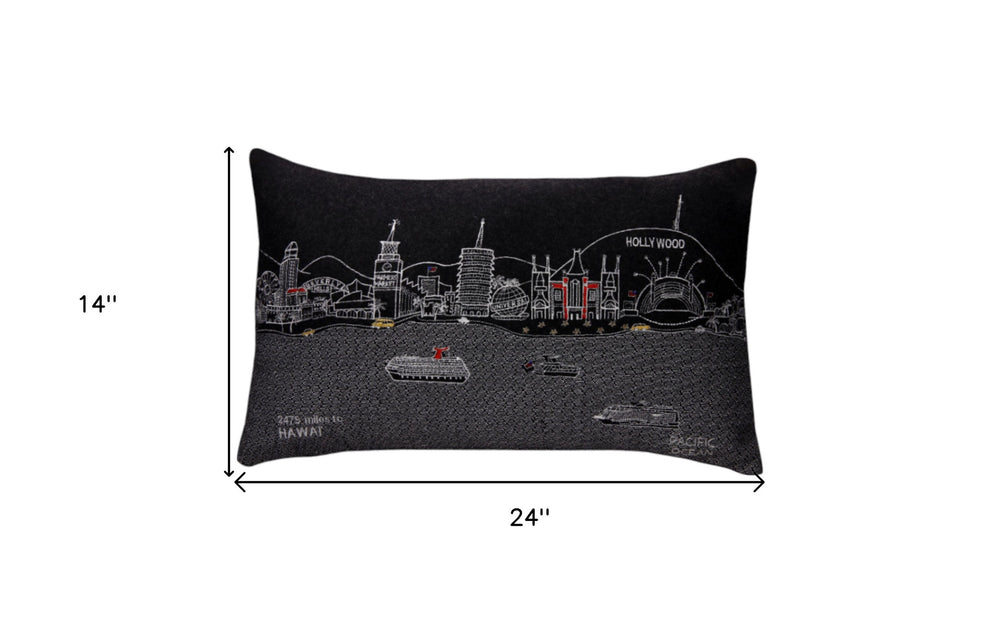 25" Black Los Angeles Nighttime Skyline Lumbar Decorative Pillow - Homeroots - Flyclothing LLC