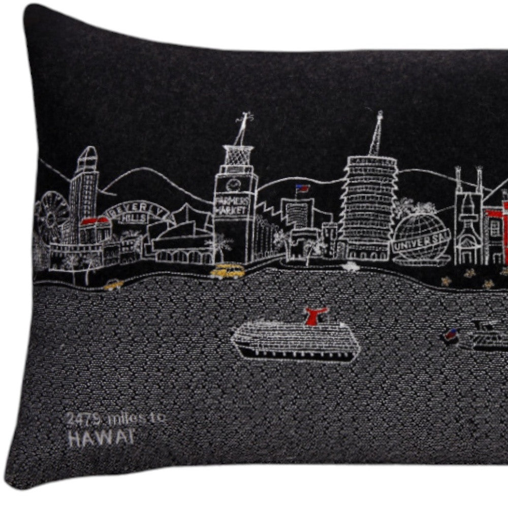 25" Black Los Angeles Nighttime Skyline Lumbar Decorative Pillow - Homeroots - Flyclothing LLC