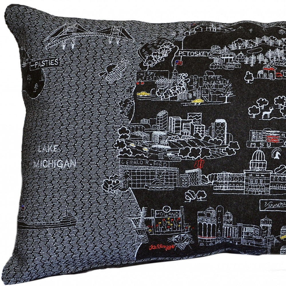 25" Black Michigan Lower Peninsula Nighttime Skyline Lumbar Decorative Pillow - Homeroots - Flyclothing LLC
