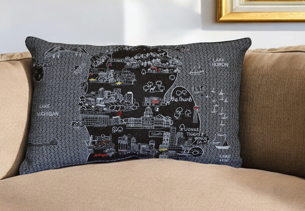 25" Black Michigan Lower Peninsula Nighttime Skyline Lumbar Decorative Pillow - Homeroots - Flyclothing LLC