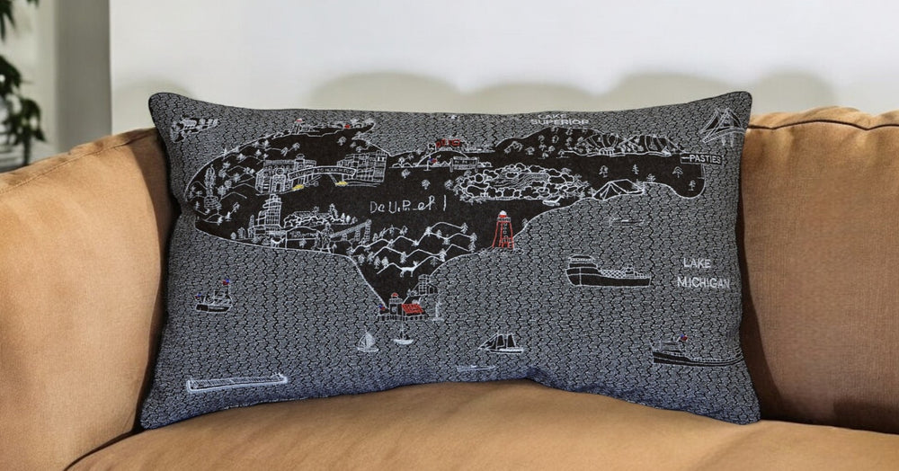25" Black Michigan Upper Peninsula Nighttime Skyline Lumbar Decorative Pillow - Homeroots - Flyclothing LLC