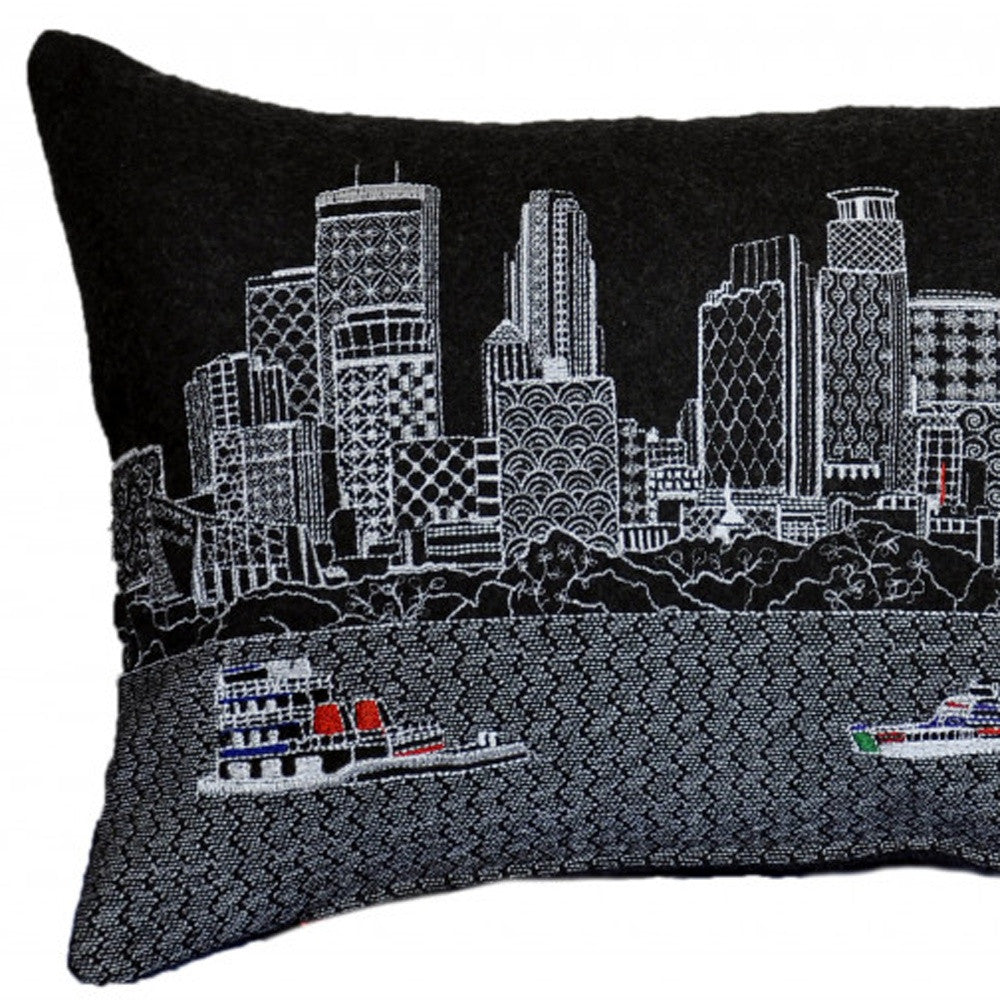 25" Black Minneapolis Nighttime Skyline Lumbar Decorative Pillow - Homeroots - Flyclothing LLC