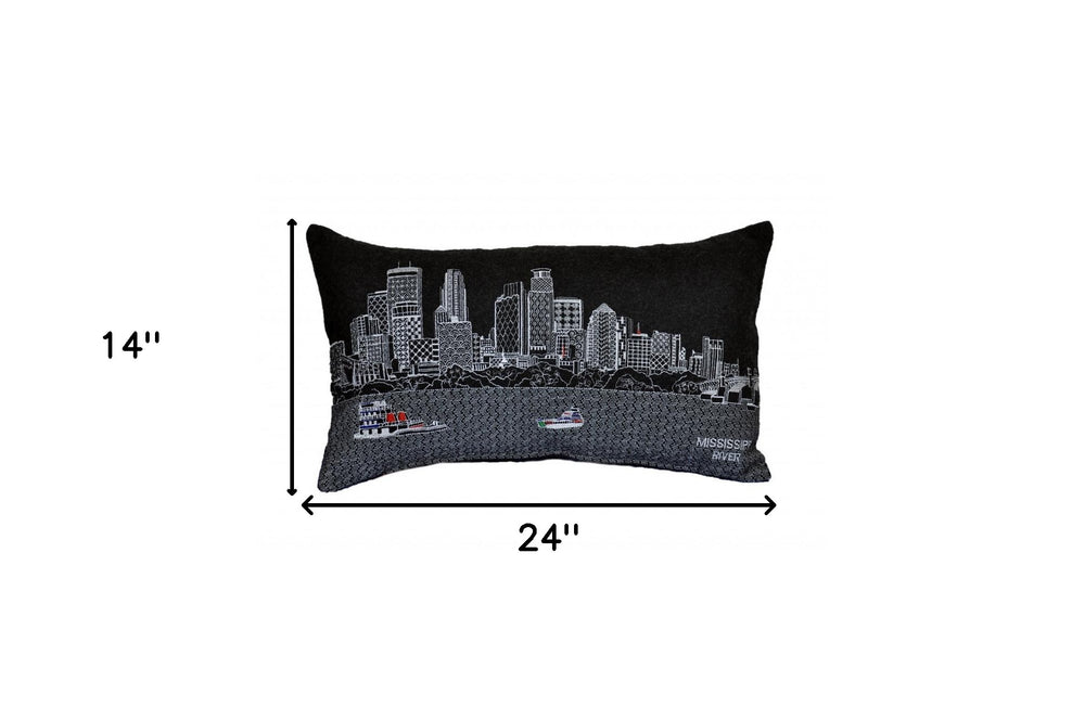 25" Black Minneapolis Nighttime Skyline Lumbar Decorative Pillow - Homeroots - Flyclothing LLC