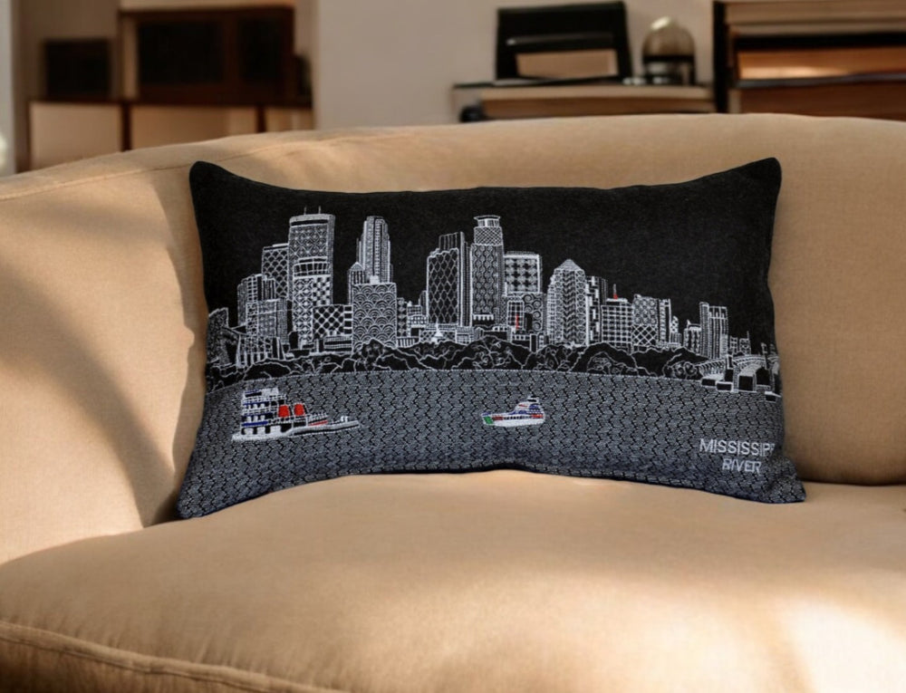 25" Black Minneapolis Nighttime Skyline Lumbar Decorative Pillow - Homeroots - Flyclothing LLC