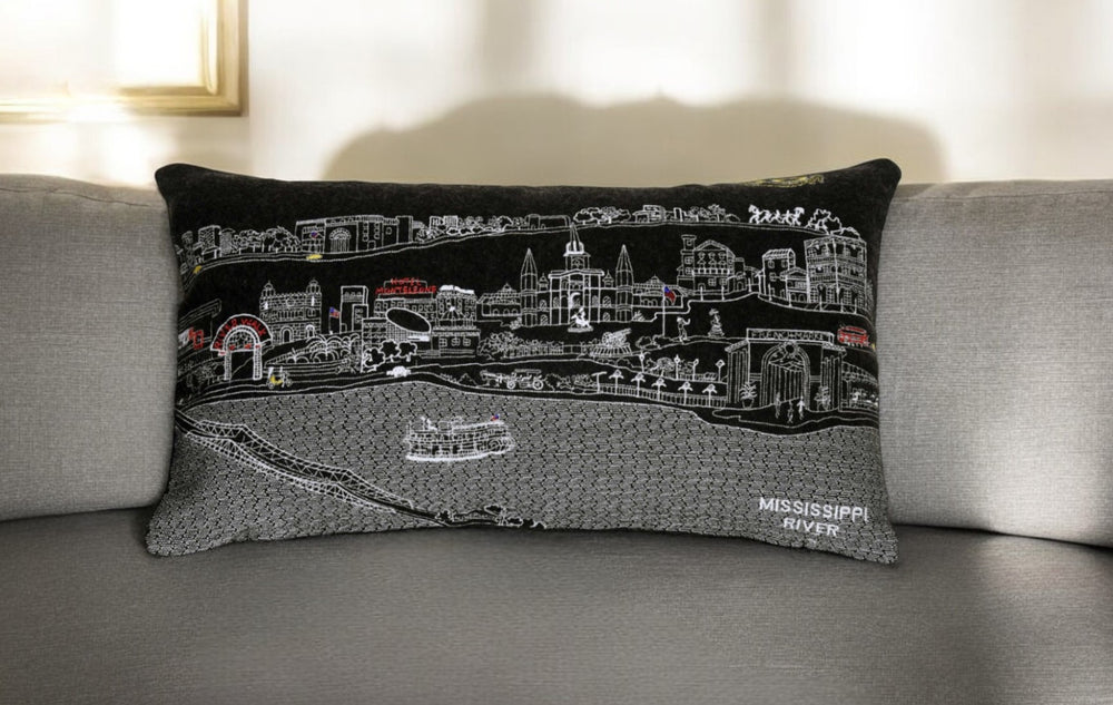 25" Black New Orleans Nighttime Skyline Lumbar Decorative Pillow - Homeroots - Flyclothing LLC
