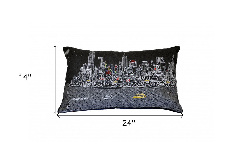 25" Black NYC Nighttime Skyline Lumbar Decorative Pillow - Homeroots - Flyclothing LLC
