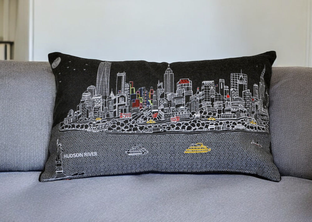 25" Black NYC Nighttime Skyline Lumbar Decorative Pillow - Homeroots - Flyclothing LLC