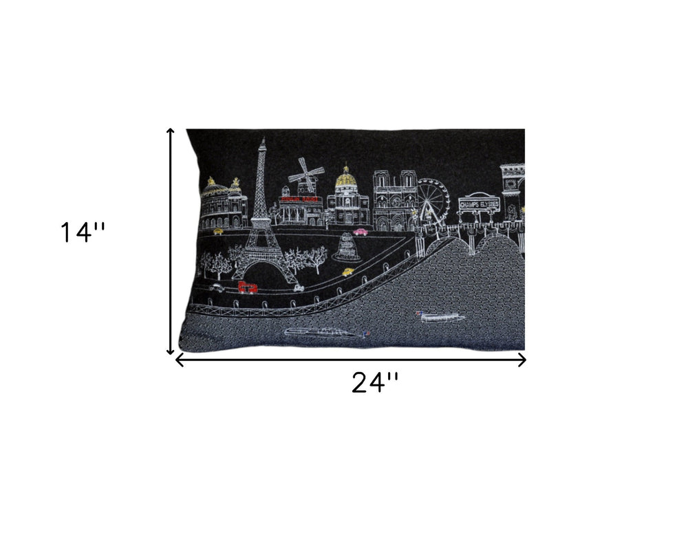25" Black Paris Nighttime Skyline Standard Lumbar Decorative Pillow - Homeroots - Flyclothing LLC