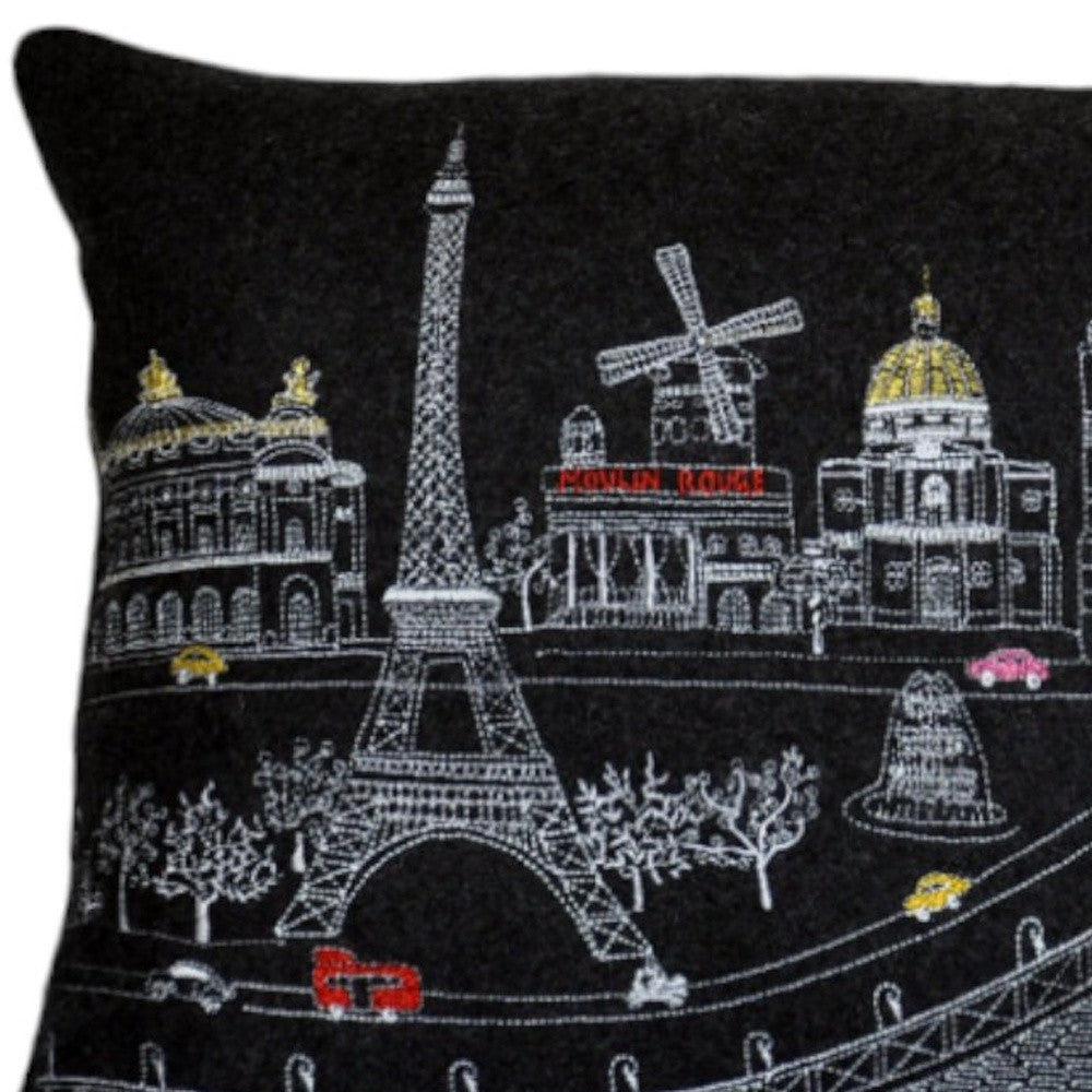 25" Black Paris Nighttime Skyline Standard Lumbar Decorative Pillow - Homeroots - Flyclothing LLC