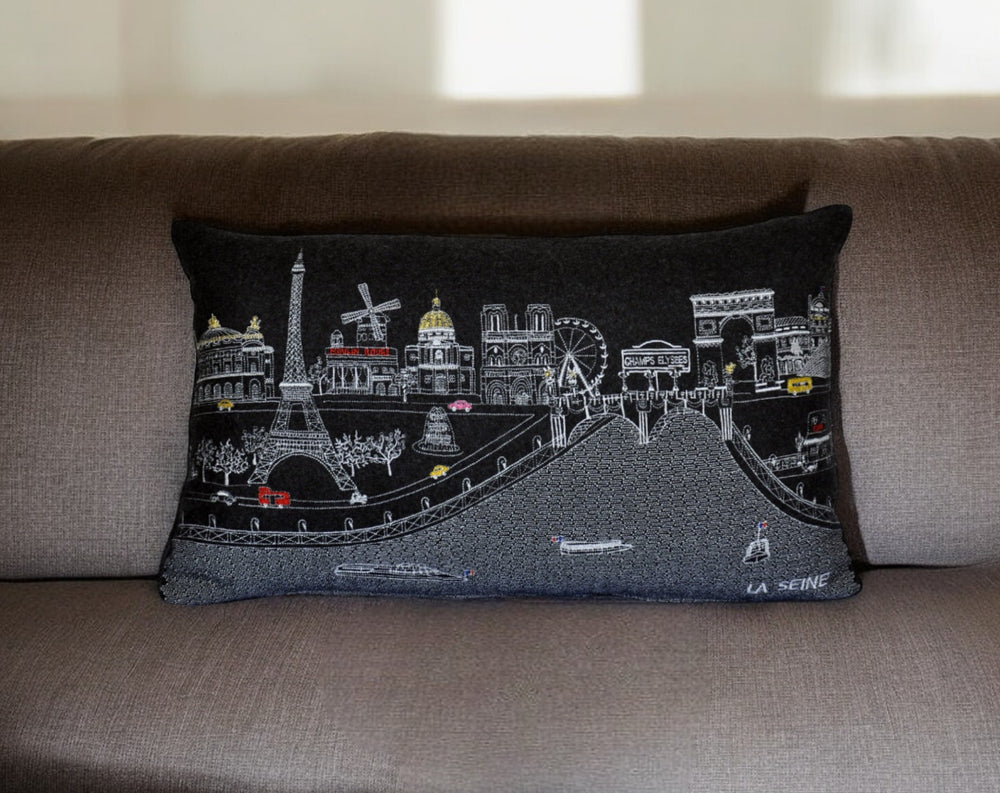 25" Black Paris Nighttime Skyline Standard Lumbar Decorative Pillow - Homeroots - Flyclothing LLC