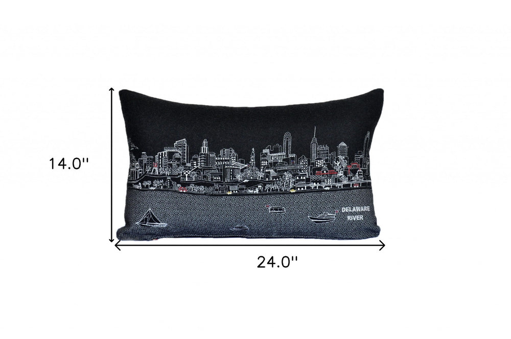 25" Black Philadelphia Nighttime Skyline Lumbar Decorative Pillow - Homeroots - Flyclothing LLC