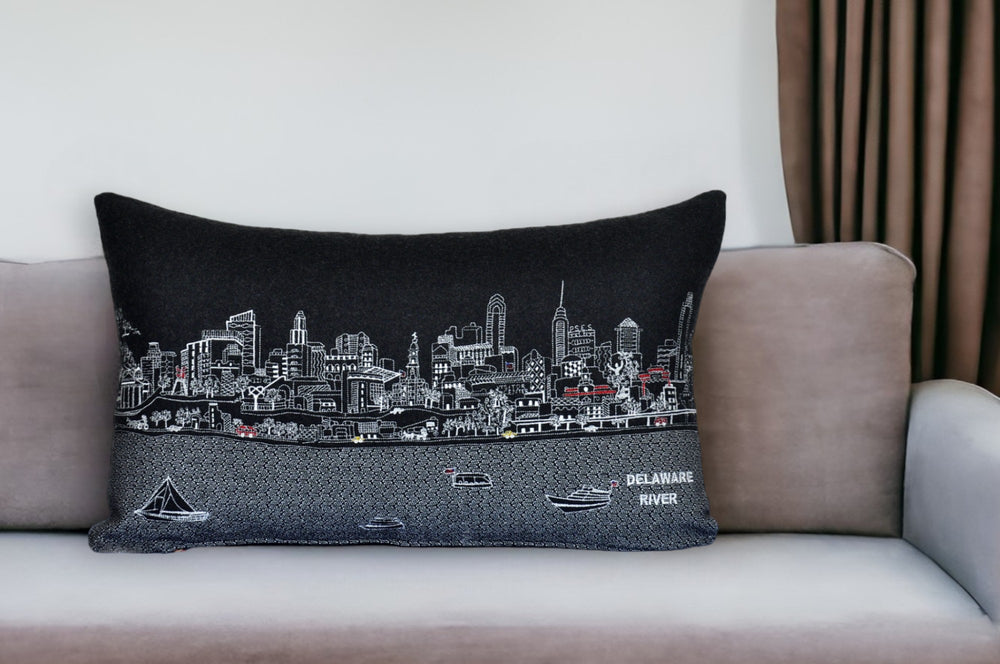 25" Black Philadelphia Nighttime Skyline Lumbar Decorative Pillow - Homeroots - Flyclothing LLC