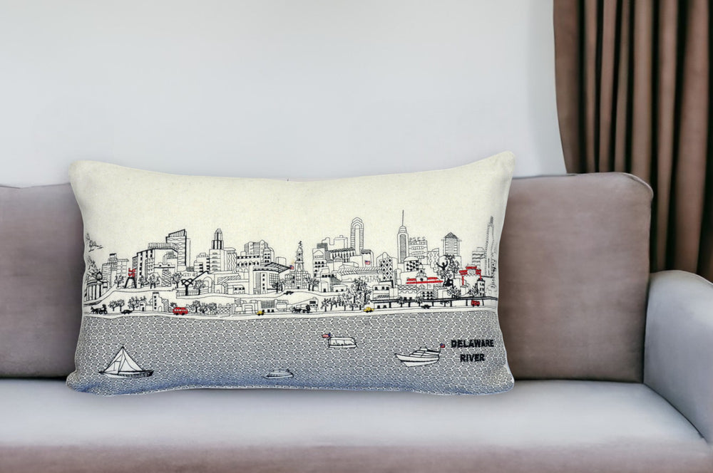 25" White Philadelphia Daylight Skyline Lumbar Decorative Pillow - Homeroots - Flyclothing LLC