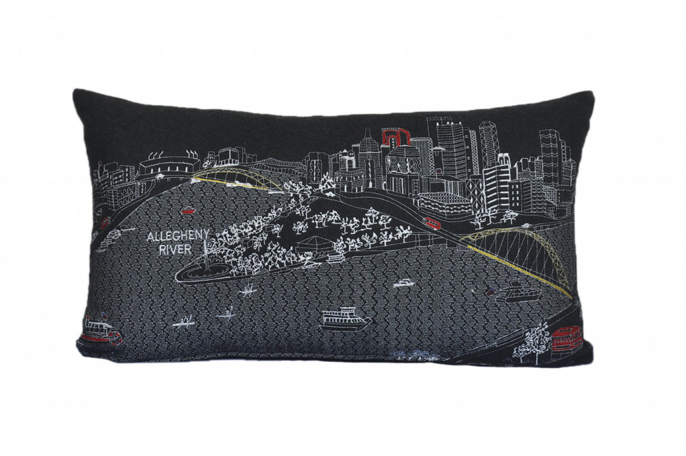 25" Black Pittsburgh Nighttime Skyline Lumbar Decorative Pillow - Homeroots - Flyclothing LLC