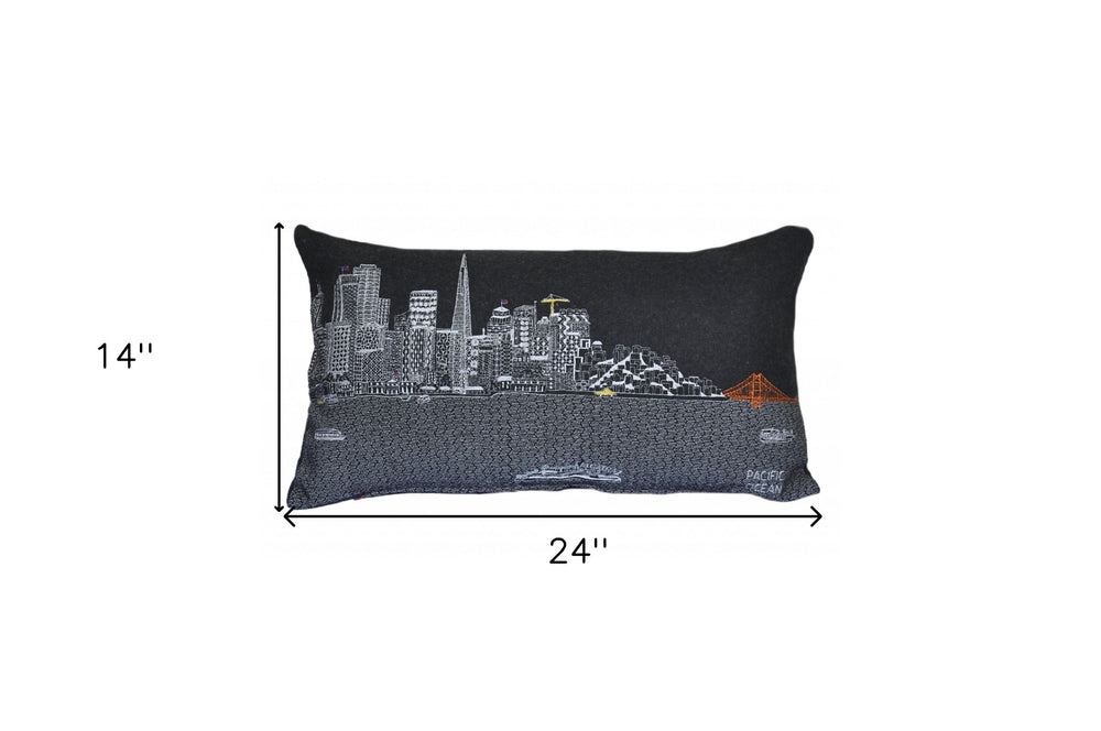 25" Black San Francisco Nighttime Skyline Lumbar Decorative Pillow - Homeroots - Flyclothing LLC
