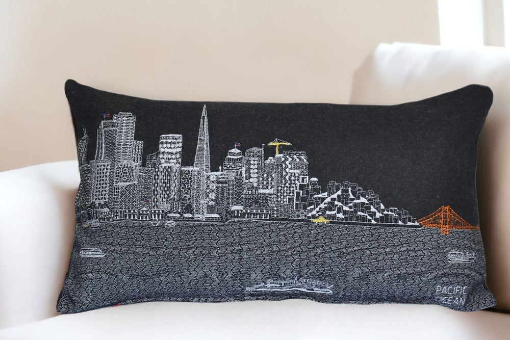 25" Black San Francisco Nighttime Skyline Lumbar Decorative Pillow - Homeroots - Flyclothing LLC