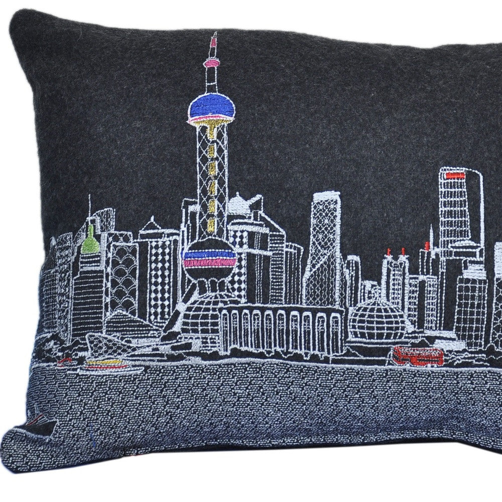 25" Black Shanghai Nighttime Skyline Lumbar Decorative Pillow - Homeroots - Flyclothing LLC
