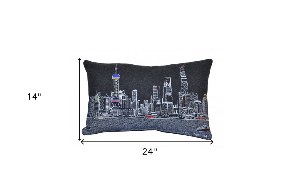 25" Black Shanghai Nighttime Skyline Lumbar Decorative Pillow - Homeroots - Flyclothing LLC