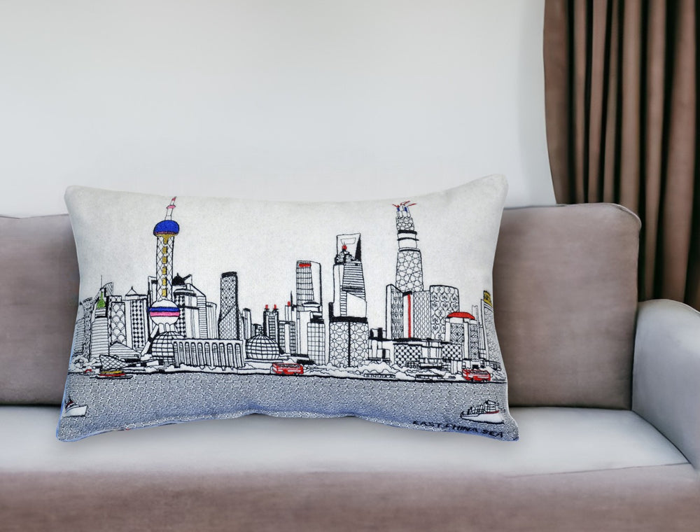 25" White Shanghai Daylight Skyline Lumbar Decorative Pillow - Homeroots - Flyclothing LLC