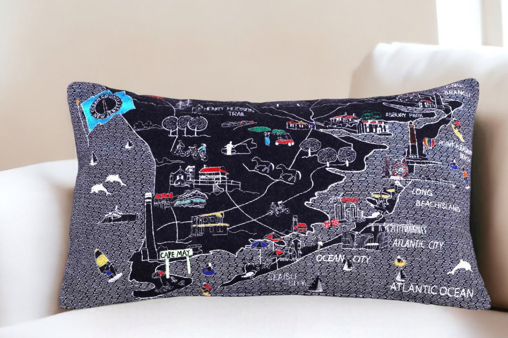 25" Black Jersey Shore Nighttime Skyline Lumbar Decorative Pillow - Homeroots - Flyclothing LLC