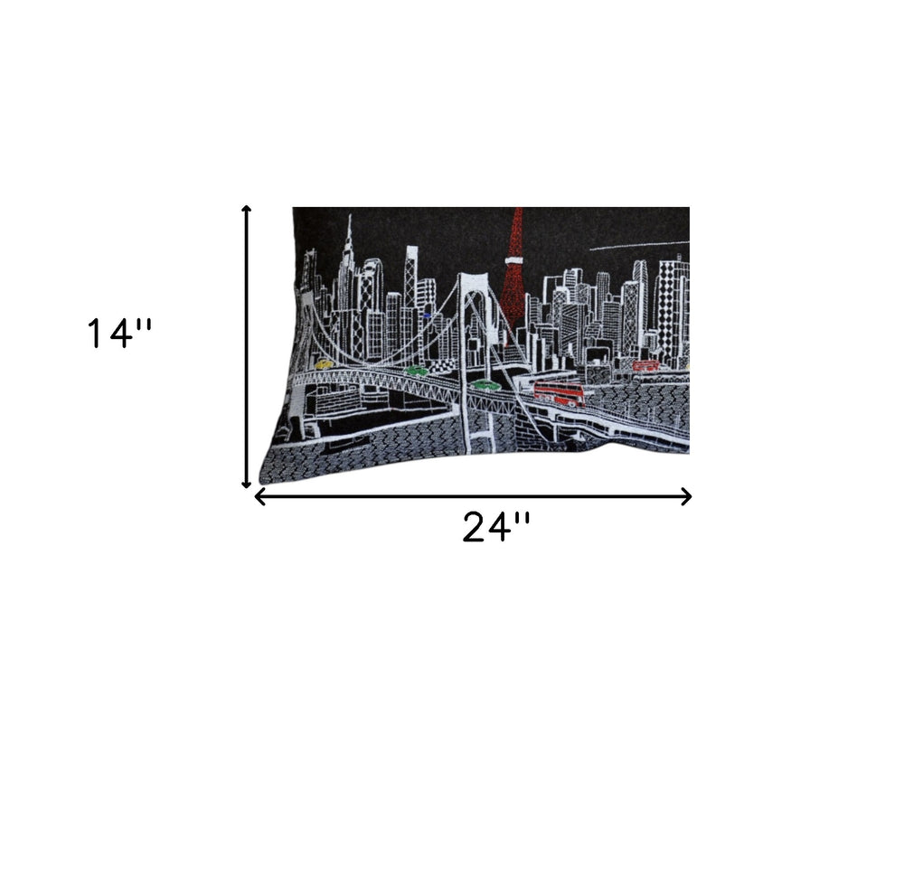 25" Black Tokyo Nighttime Skyline Lumbar Decorative Pillow - Homeroots - Flyclothing LLC