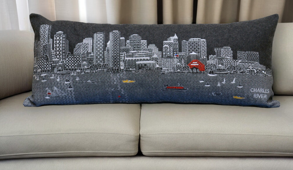 35" Black Boston Nighttime Skyline Lumbar Decorative Pillow - Homeroots - Flyclothing LLC