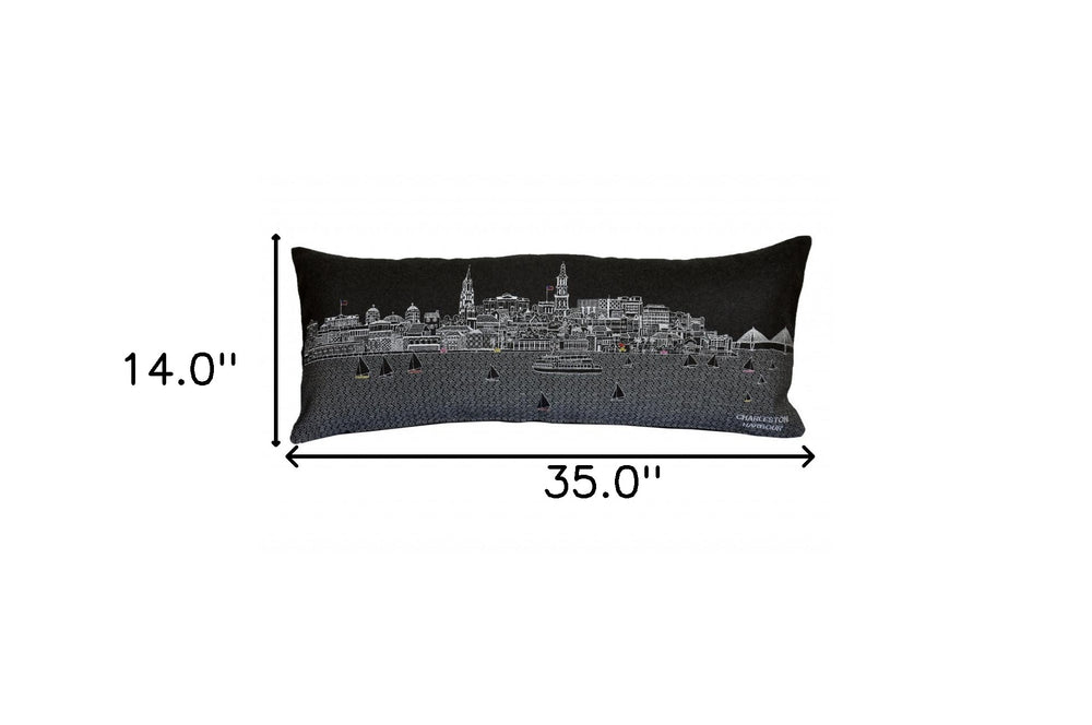 35" Black Charleston Nighttime Skyline Lumbar Decorative Pillow - Homeroots - Flyclothing LLC