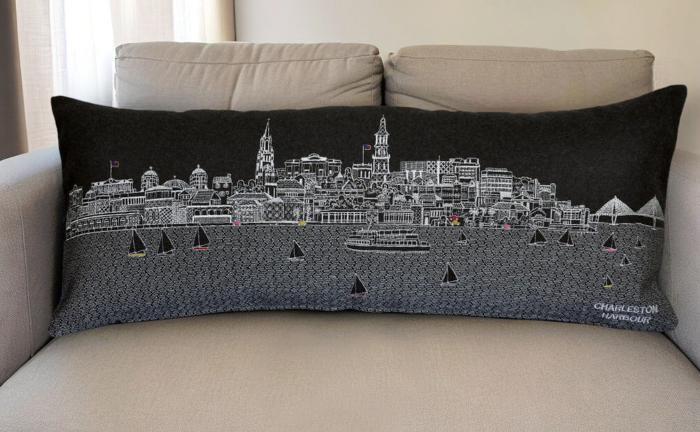 35" Black Charleston Nighttime Skyline Lumbar Decorative Pillow - Homeroots - Flyclothing LLC