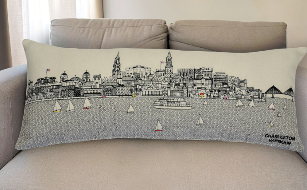 35" White Charleston Daylight Skyline Lumbar Decorative Pillow - Homeroots - Flyclothing LLC