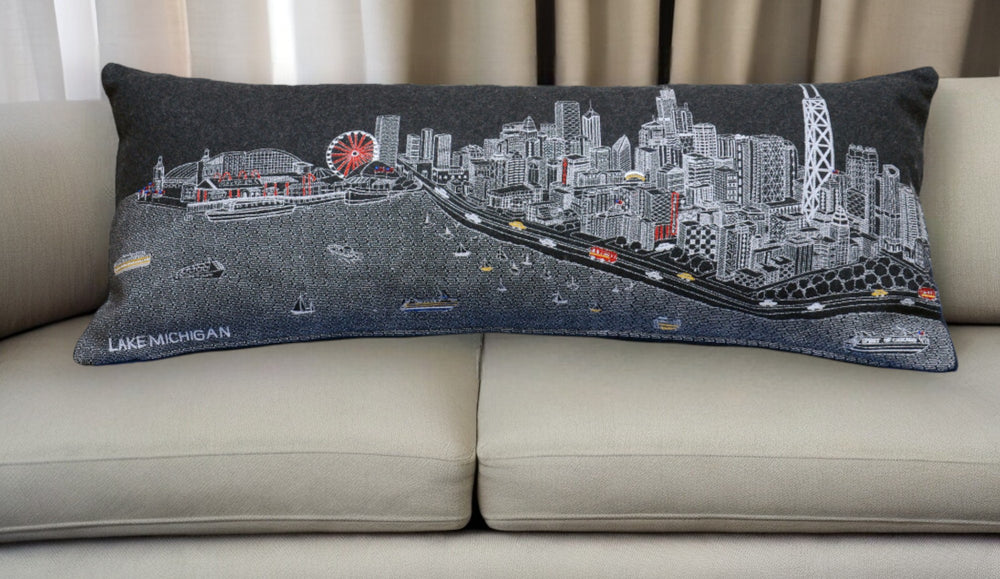 35" Black Chicago Nighttime Skyline Lumbar Decorative Pillow - Homeroots - Flyclothing LLC