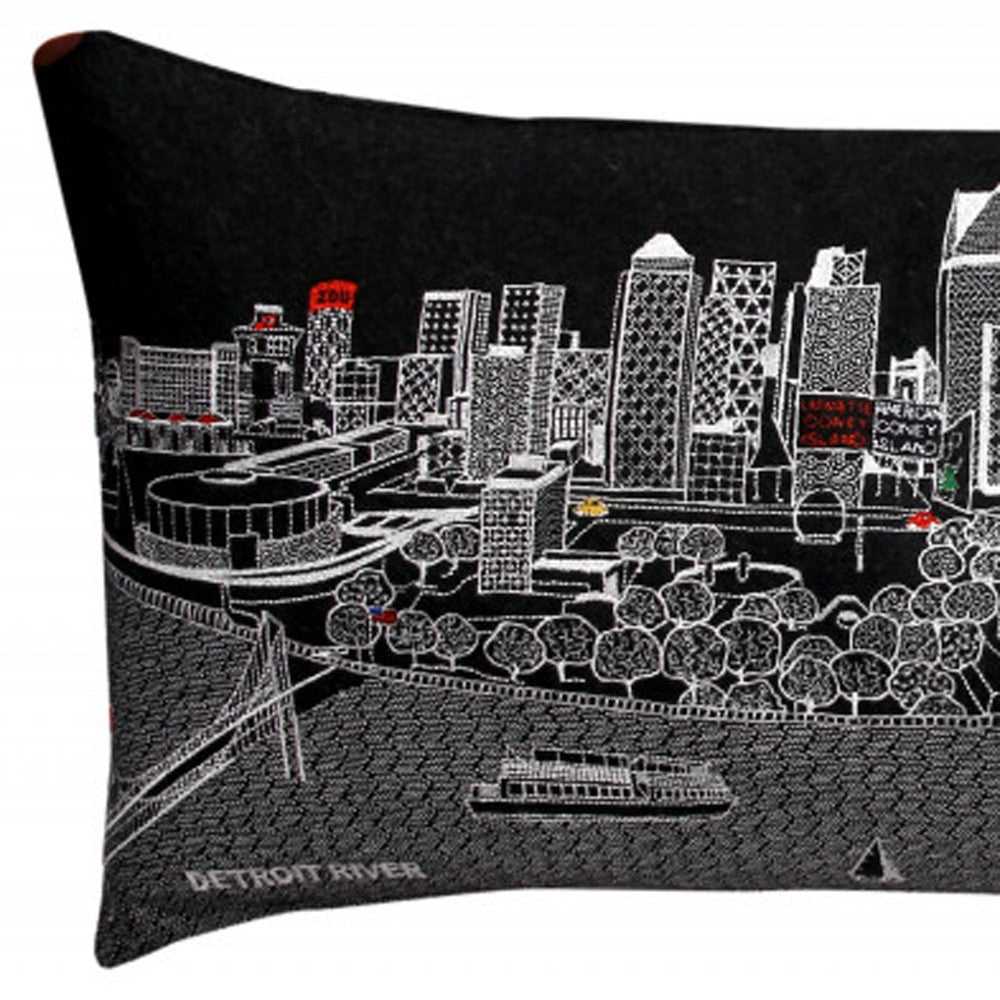 35" Black Detroit Nighttime Skyline Lumbar Decorative Pillow - Homeroots - Flyclothing LLC