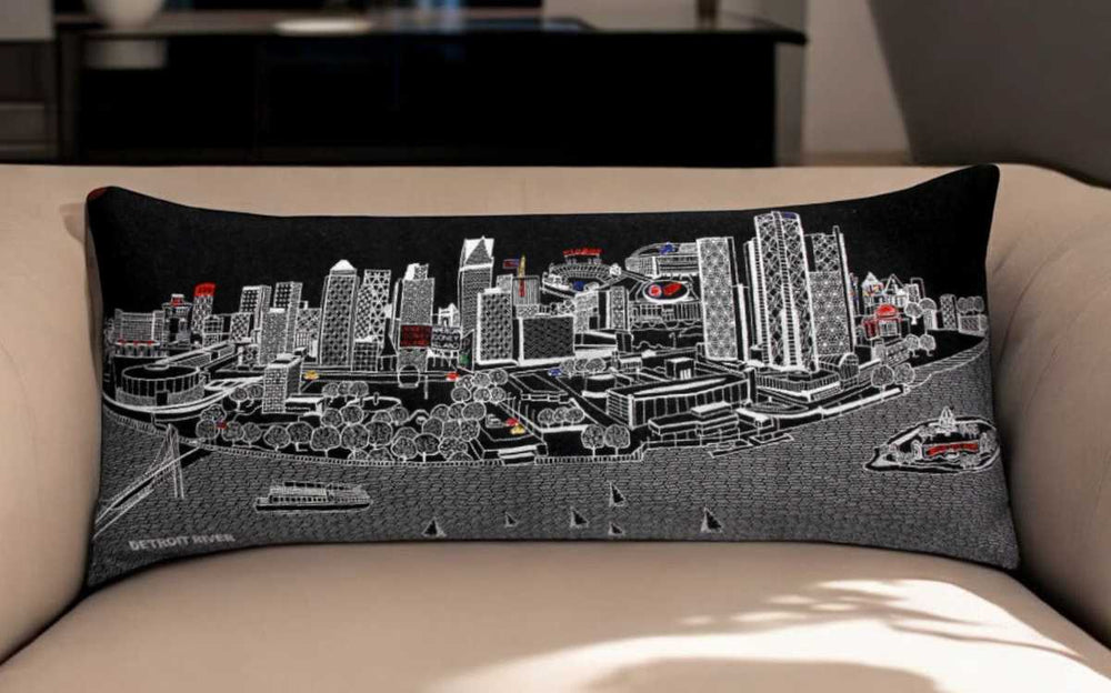35" Black Detroit Nighttime Skyline Lumbar Decorative Pillow - Homeroots - Flyclothing LLC