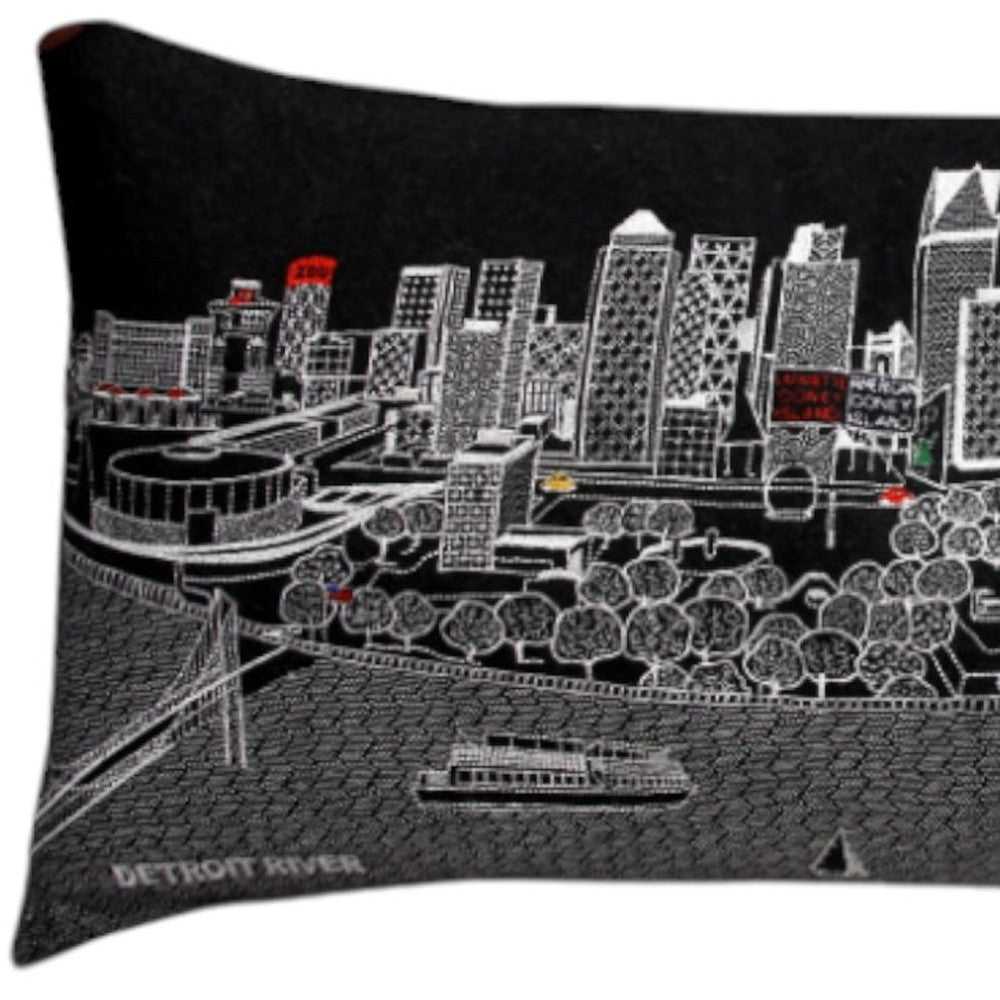 35" Black Detroit Nighttime Skyline Lumbar Decorative Pillow - Homeroots - Flyclothing LLC