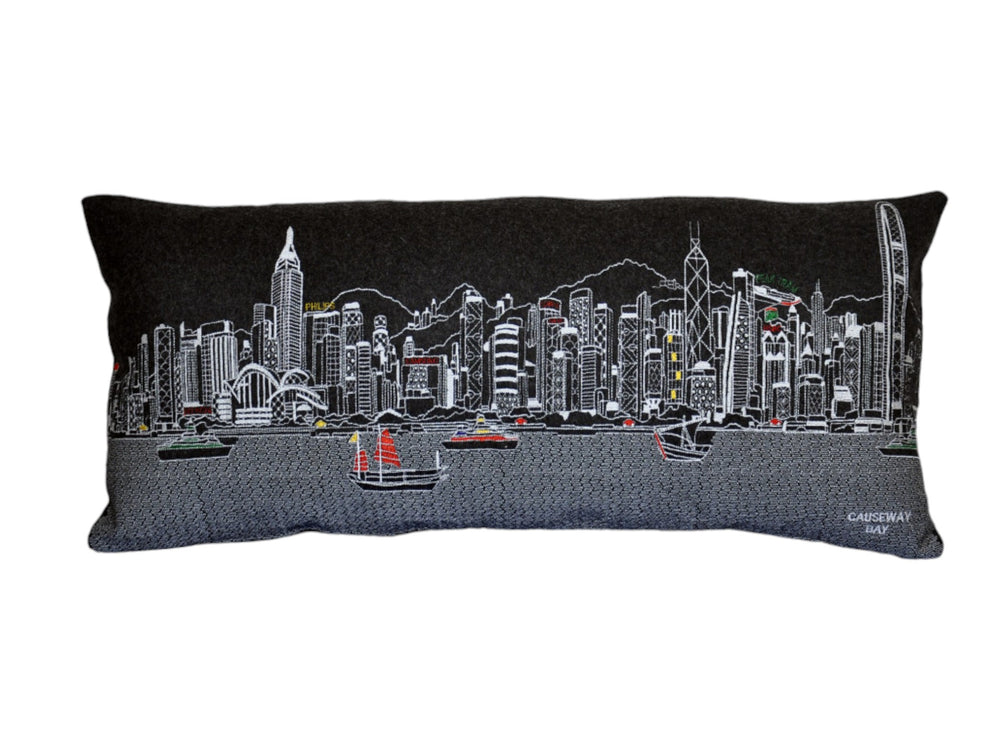 35" Black Hong Kong Nighttime Skyline Lumbar Decorative Pillow - Homeroots - Flyclothing LLC