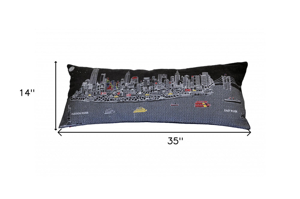 35" Black NYC Nighttime Skyline Lumbar Decorative Pillow - Homeroots - Flyclothing LLC