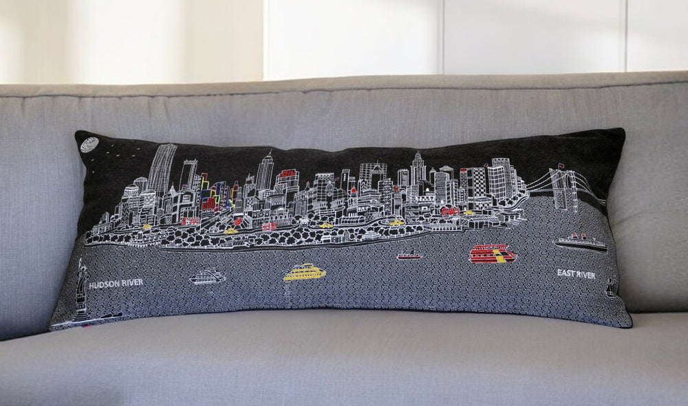 35" Black NYC Nighttime Skyline Lumbar Decorative Pillow - Homeroots - Flyclothing LLC