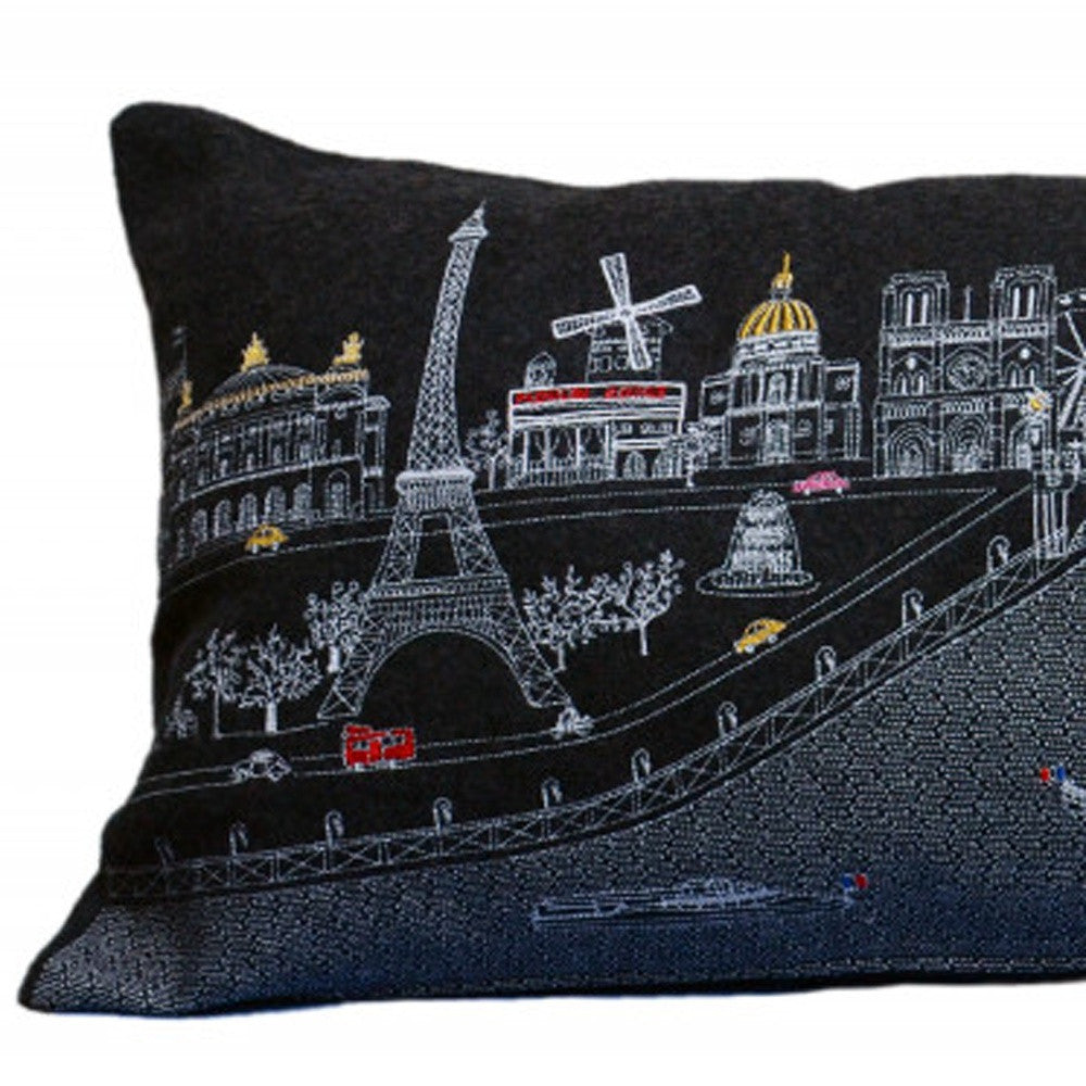 35" Black Paris Nighttime Skyline Standard Lumbar Decorative Pillow - Homeroots - Flyclothing LLC