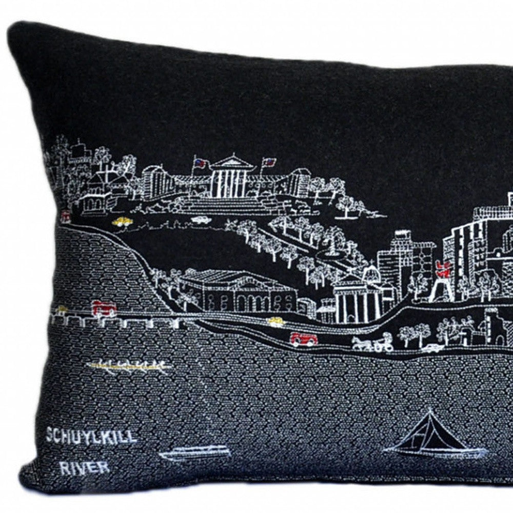 35" Black Philadelphia Nighttime Skyline Lumbar Decorative Pillow - Homeroots - Flyclothing LLC