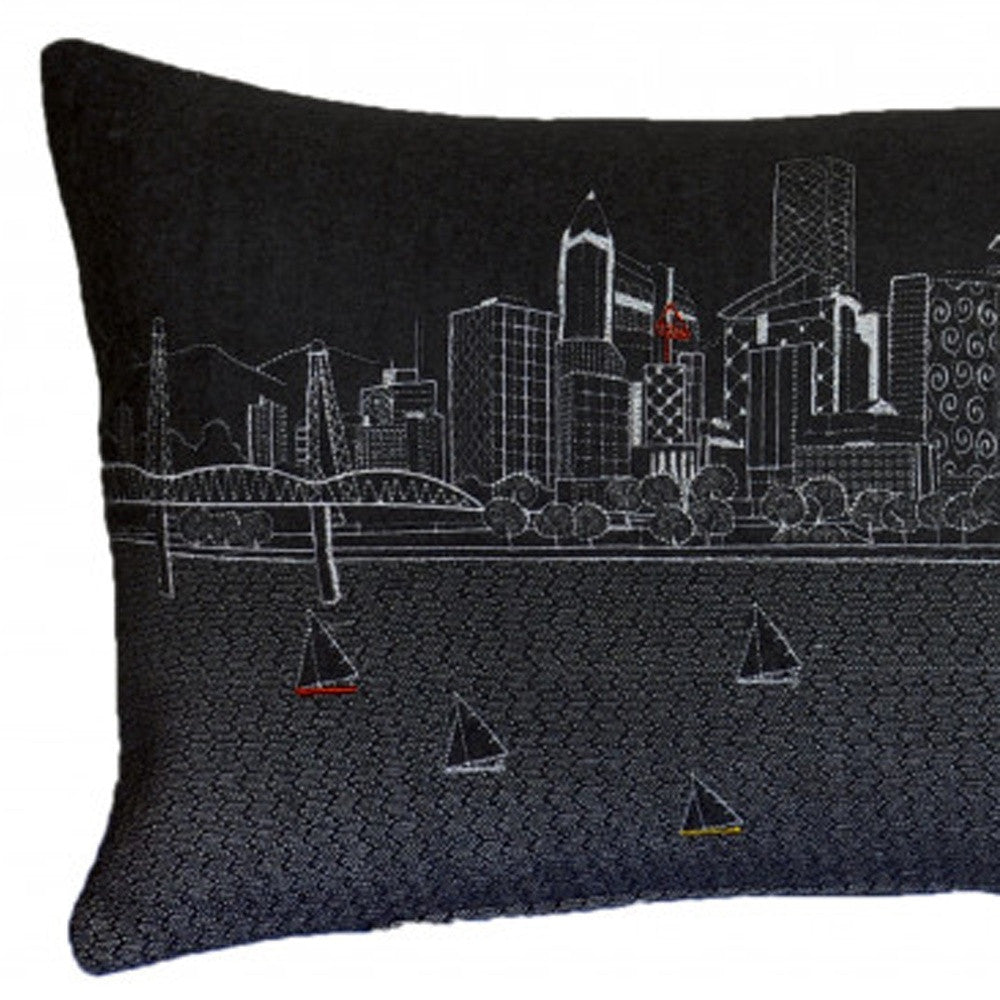 35" Black Portland Nighttime Skyline Lumbar Decorative Pillow - Homeroots - Flyclothing LLC