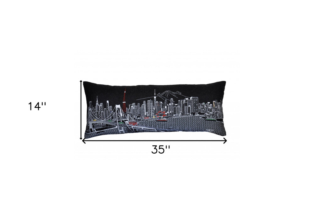 35" Black Tokyo Nighttime Skyline Lumbar Decorative Pillow - Homeroots