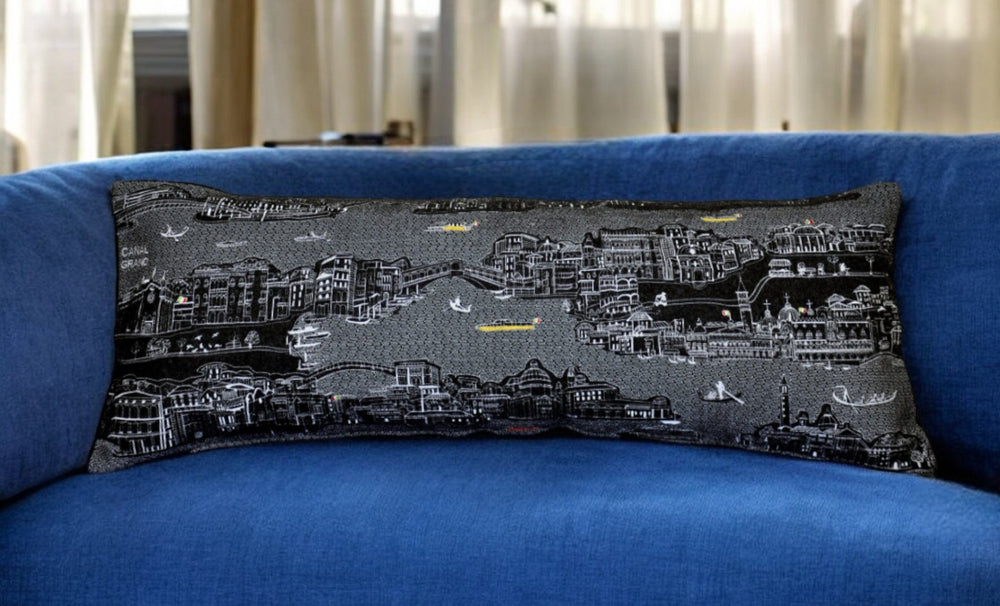 35" Black Venice Nighttime Skyline Lumbar Decorative Pillow - Homeroots