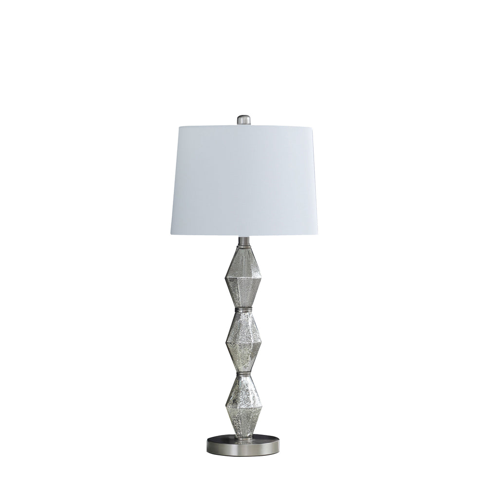 30" Brushed Silver Geo Glass Table Lamp With White Shade - Homeroots - Flyclothing LLC