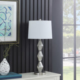 30" Brushed Silver Geo Glass Table Lamp With White Shade - Homeroots - Flyclothing LLC