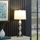 30" Brushed Silver Geo Glass Table Lamp With White Shade - Homeroots - Flyclothing LLC