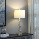 30" Brushed Gold Geo Glass Table Lamp With Shade - Homeroots - Flyclothing LLC