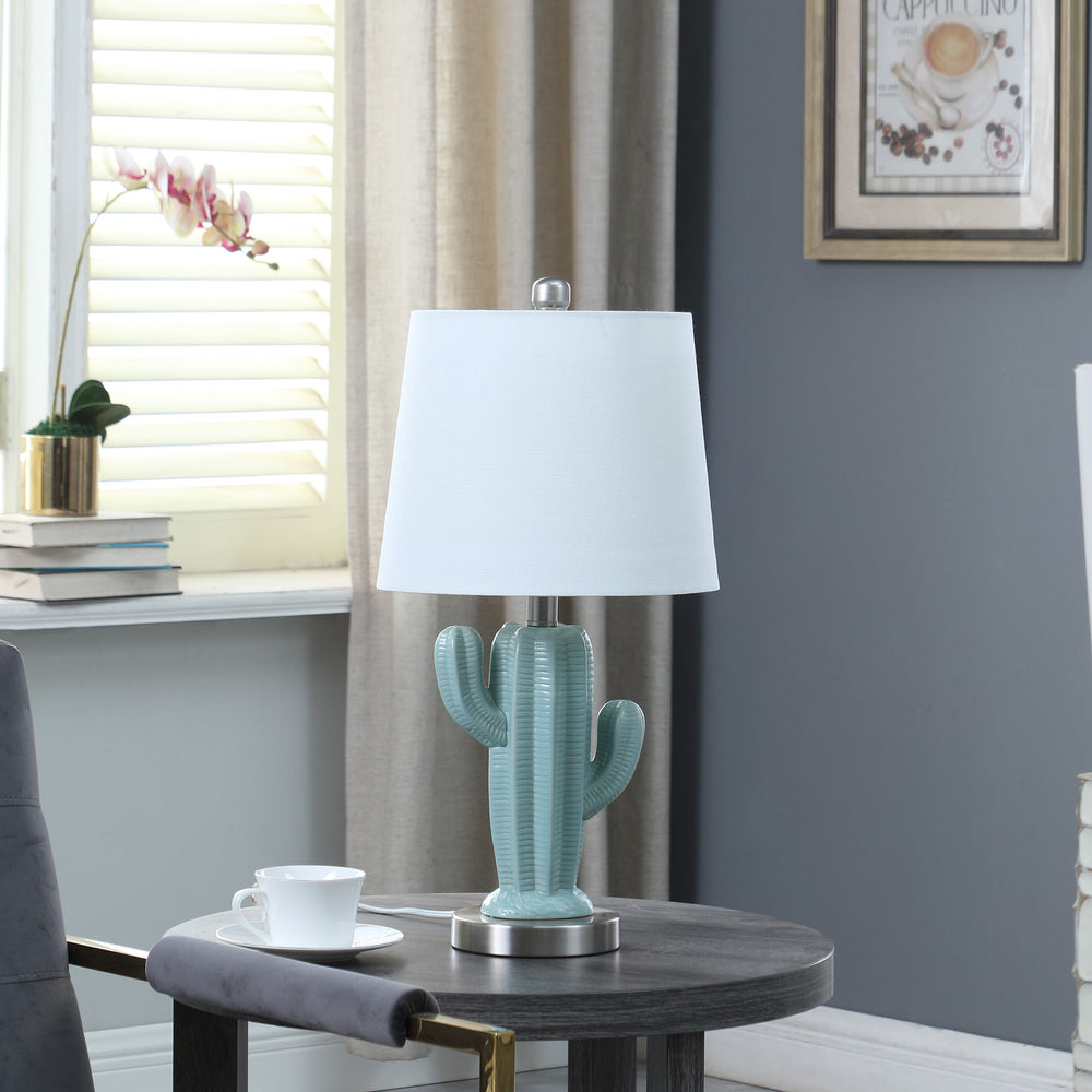 22" Pale Blue Green Ceramic Cactus Table Lamp With White Shade - Homeroots - Flyclothing LLC