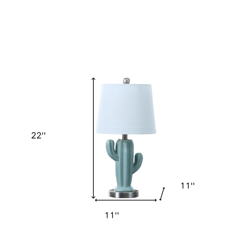 22" Pale Blue Green Ceramic Cactus Table Lamp With White Shade - Homeroots - Flyclothing LLC